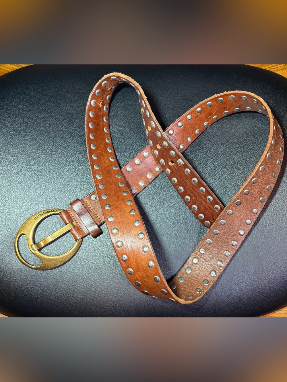 Dolce & Gabbana Brown Leather Studded Belt with Brass-Tone Buckle 40” (fact 44”)